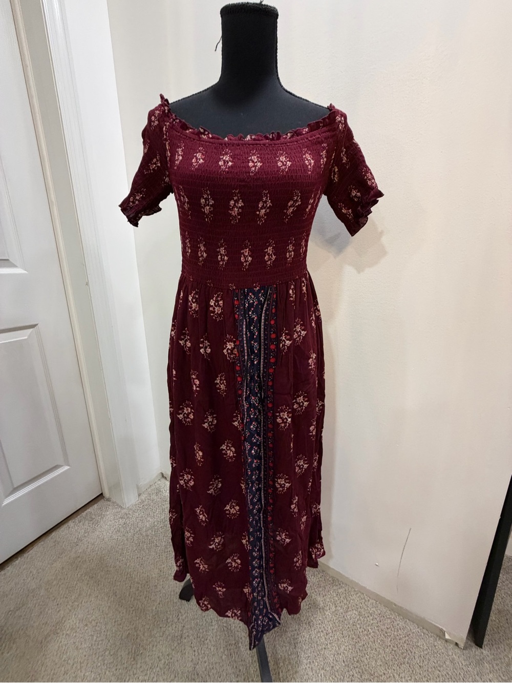 Xhilaration Burgundy Floral Off-Shoulder Maxi Dress
